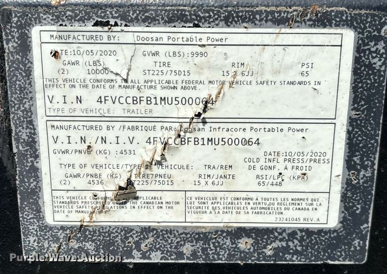 image for item EN3631 2021 Doosan XP825 HP750 air compressor