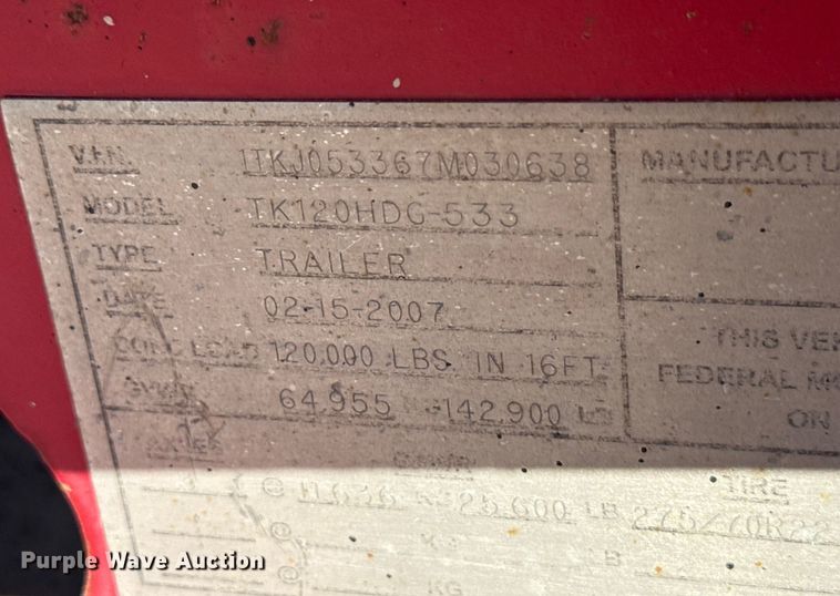 image for item EN3970 2007 Trail King Trail King Industries lowboy equipment trailer