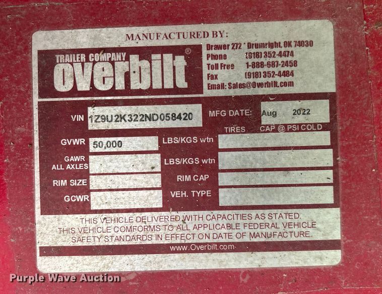 image for item EN5568 2022 Overbilt tilt deck equipment trailer