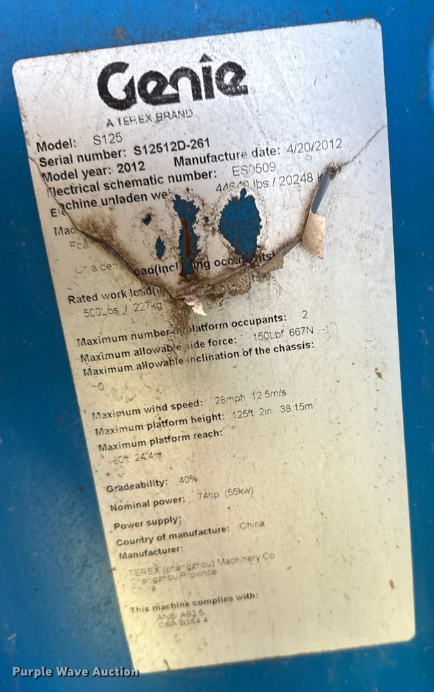 image for item EP0645 2012 Genie S-125 boom lift