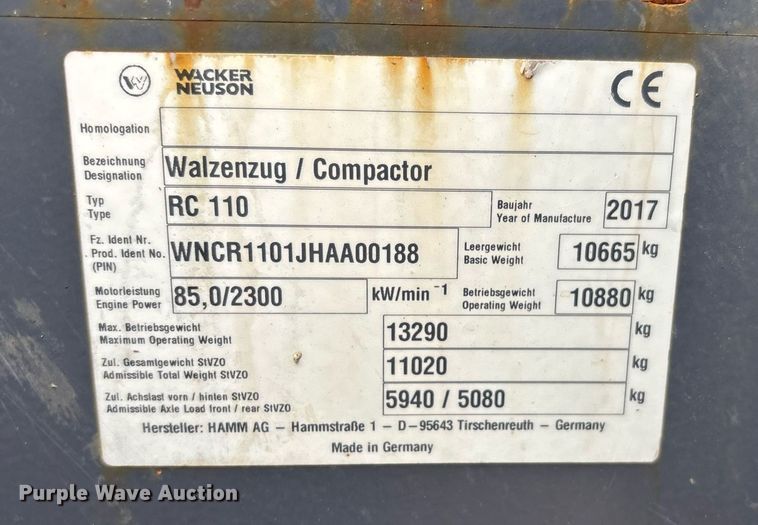 image for item EQ4055 2017 Wacker Neuson RC110 single drum vibratory roller