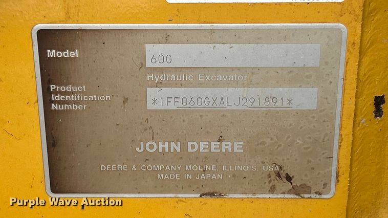 image for item ET3159 2020 John Deere 60G mini excavator