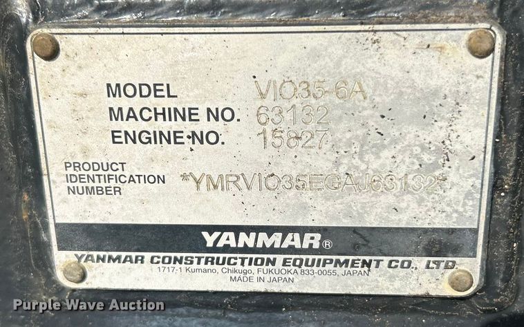 image for item ET3168 2016 Yanmar ViO35-6A mini excavator