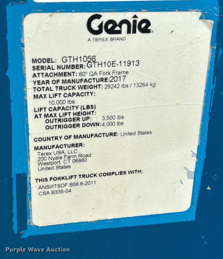 image for item ET7078 2017 Genie GTH-1056 telehandler