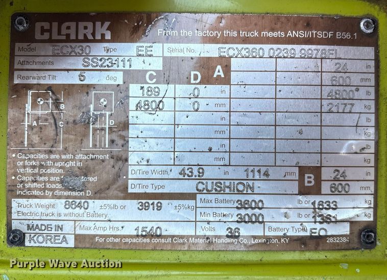 image for item ET7079 Clark ECX360 forklift