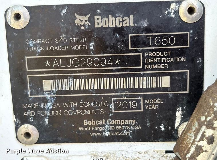 image for item EU0081 2019 Bobcat T650 tracked skid steer loader