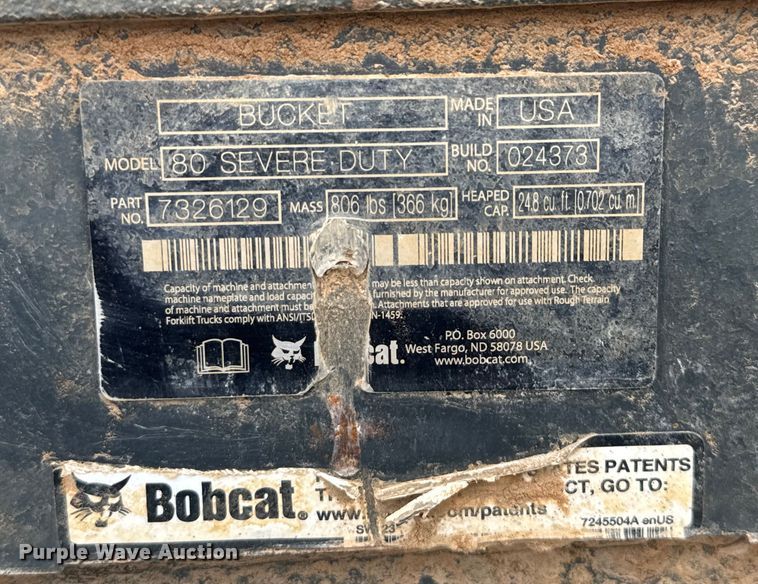 image for item EV1825 Bobcat 80 Severe Duty Skid steer bucket