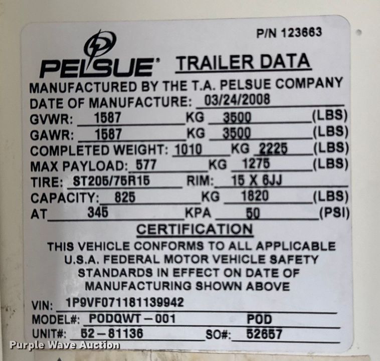 image for item NU9564 2008 Pelsue PODQWT-001 fiber optic splicing trailer