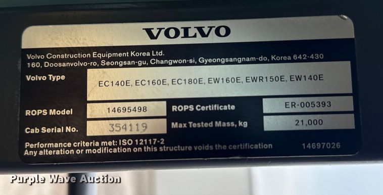 image for item NU9599 2017 Volvo EC140EL excavator