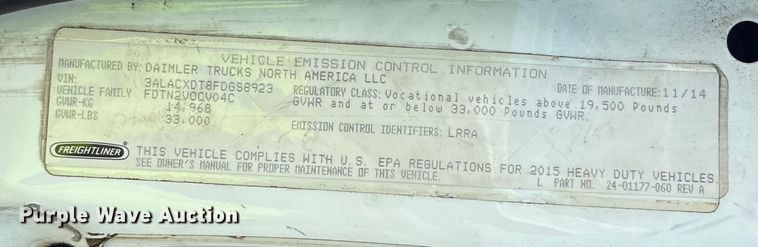 image for item YA0943 2015 Freightliner  M2 truck chassis with Finn MBX10 material blower