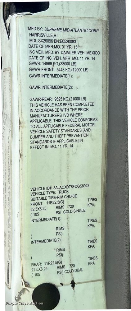 image for item YA0943 2015 Freightliner  M2 truck chassis with Finn MBX10 material blower