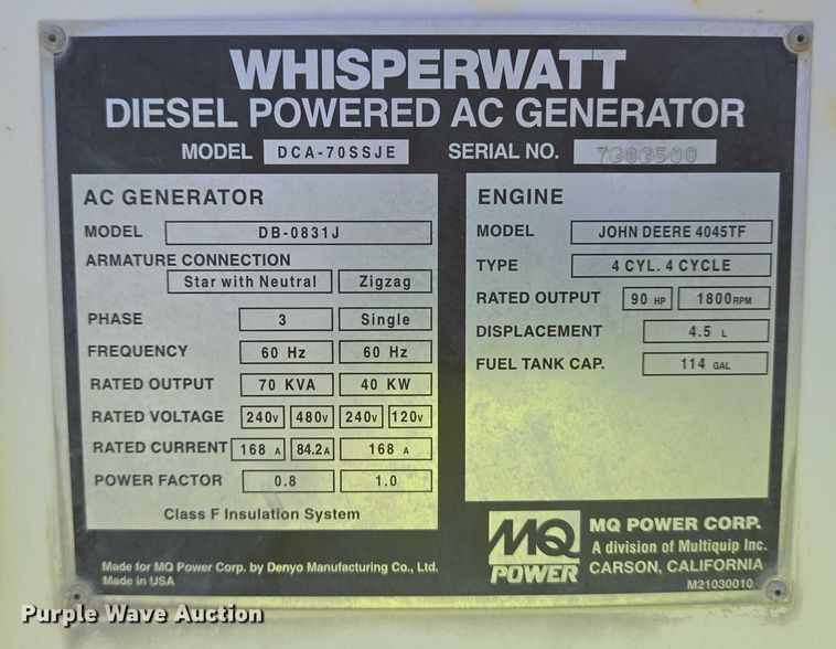 image for item YA1061 2005 MQ Power Whisperwatt generator