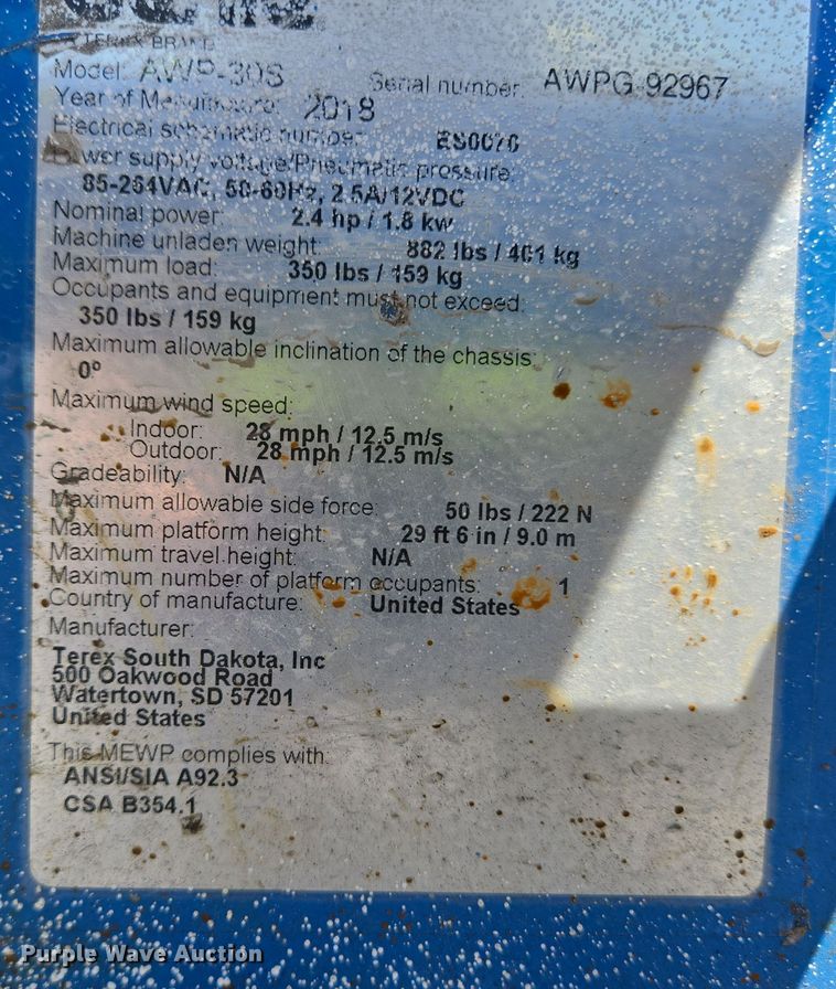 image for item YA1064 2018 Genie AWP-30S vertical lift