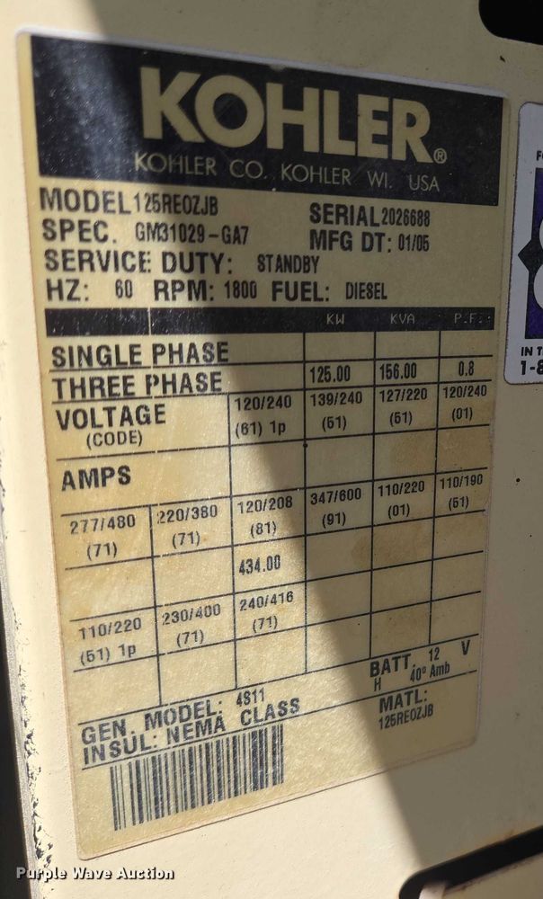 image for item YA1066 2005 Kohler 125 generator