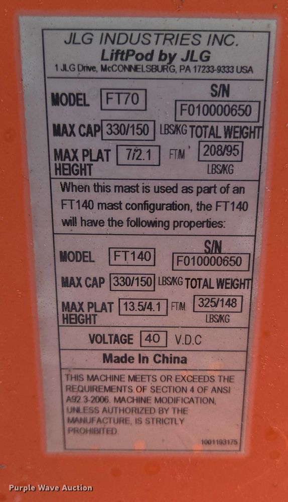 image for item YA1070 2018 JLG FT70 vertical lift