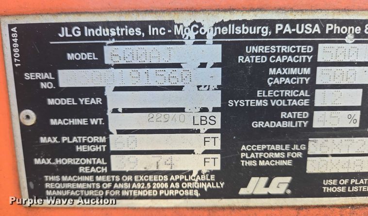 image for item YA1073 2014 JLG 600AJ boom lift