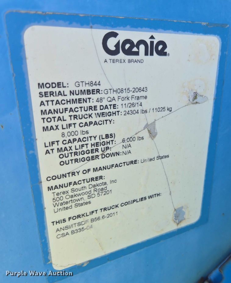 image for item YA1074 2015 Genie GTH-844 telehandler