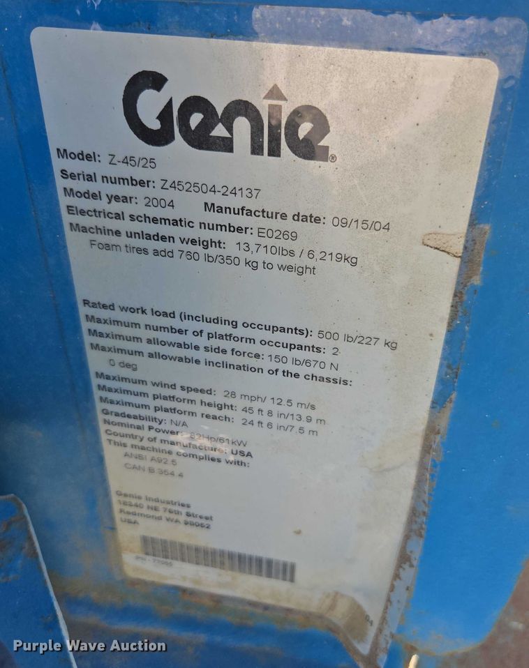 image for item YA1075 2004 Genie Z45 boom lift