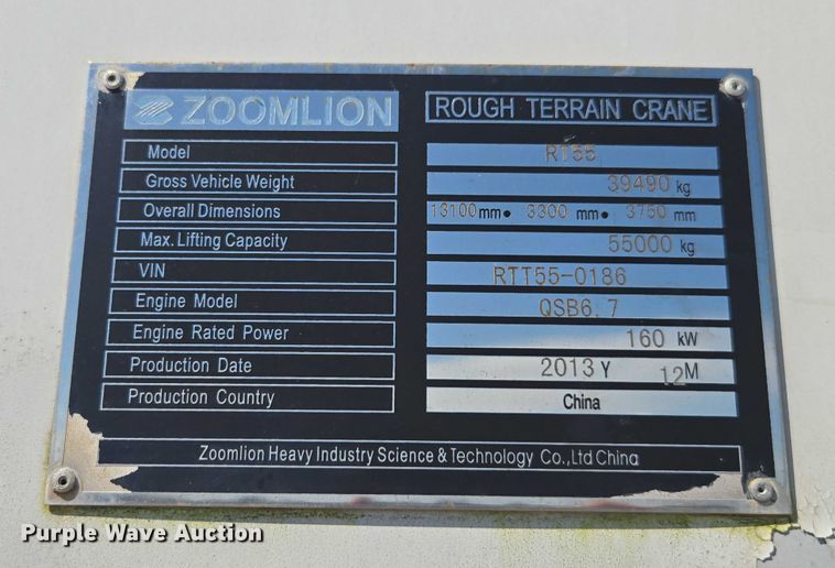 image for item YA1078 2013 Zoomlion RT55 crane