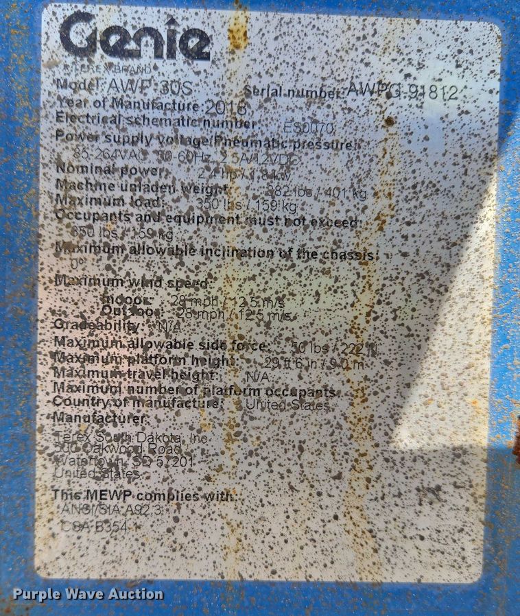 image for item YA1085 2018 Genie AWP-30S vertical lift