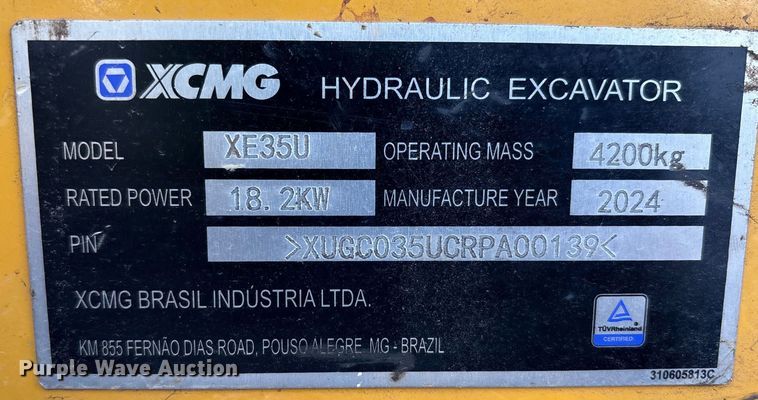 image for item YA1119 2024 XCMG XE35U mini excavator