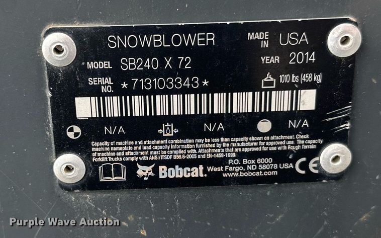 image for item DT6366 Bobcat SB240X 72 skid steer snow blower
