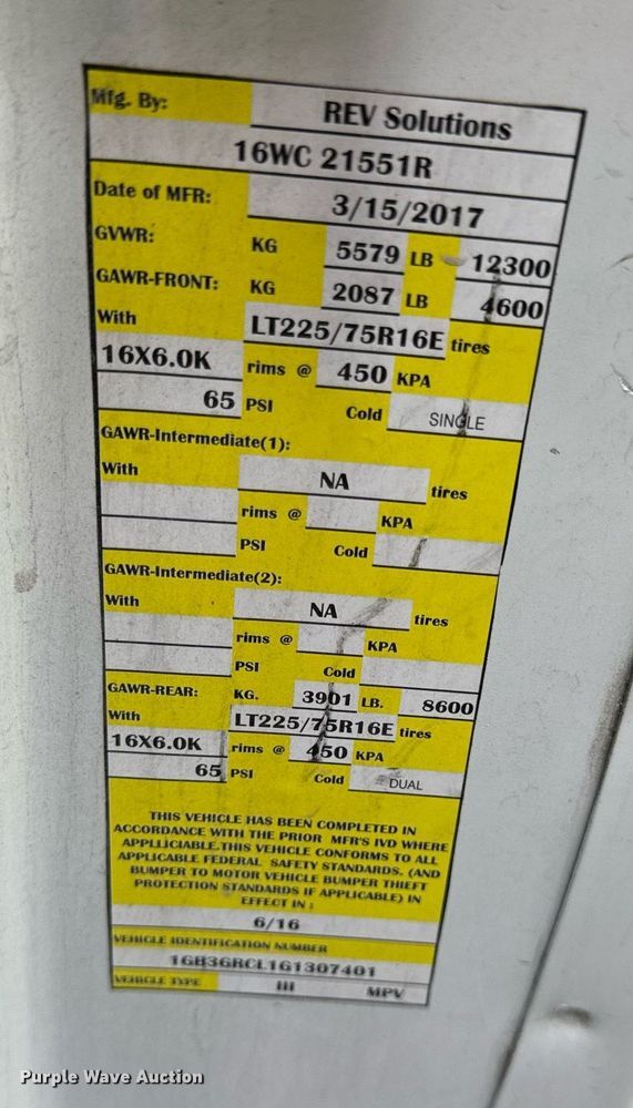 image for item DV1901 2016 Chevrolet Express G3500 ambulance