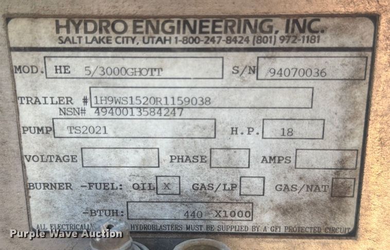 image for item DX5816 Hydro Engineering HE 5/3000GHOTT pressure washer