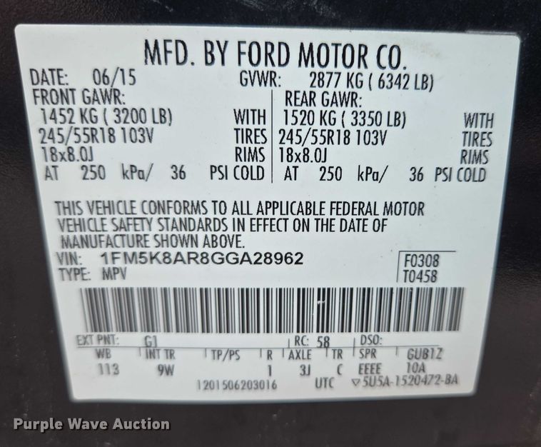 image for item DY1155 2016 Ford Explorer Police SUV