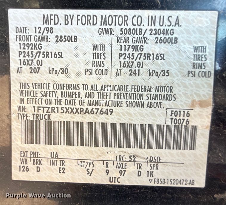 image for item DZ8968 1999 Ford Ranger SuperCab pickup truck