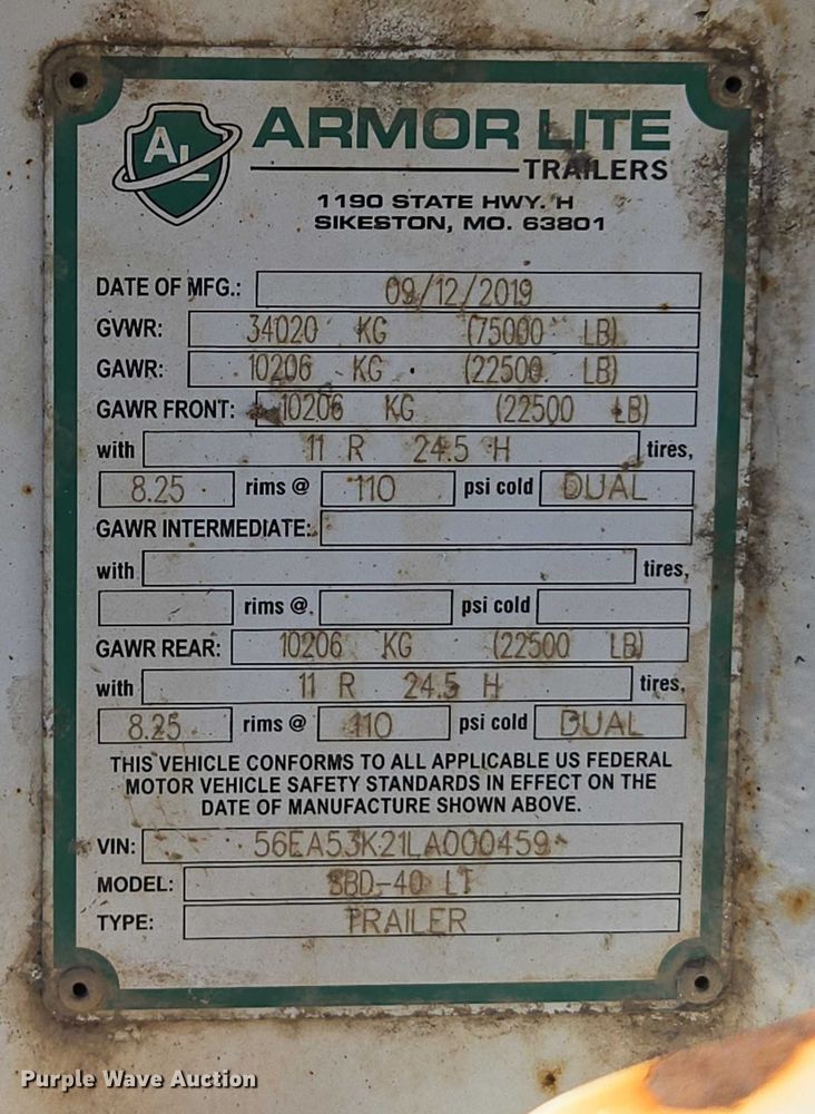 image for item EC1172 2020 Armor Lite Trailer SBD-40 LT bottom dump trailer