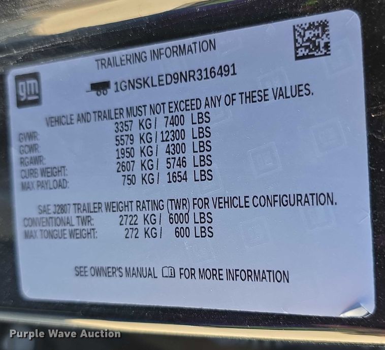 image for item EF3798 2022 Chevrolet Tahoe Police  SUV