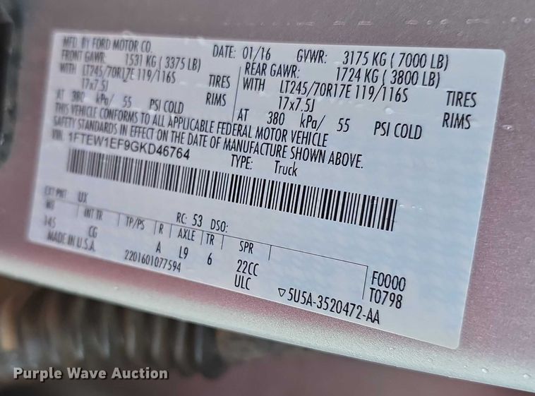 image for item EF3865 2016 Ford  F150 XL SuperCrew pickup truck