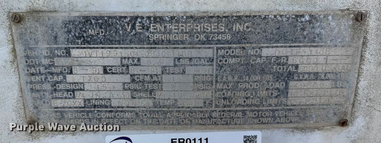 image for item ER0111 1991 V.E. Enterprises Inc DOTF 140B vacuum trailer