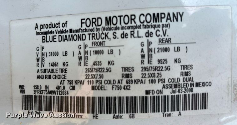 image for item EU0047 2009 Ford F750 dump truck