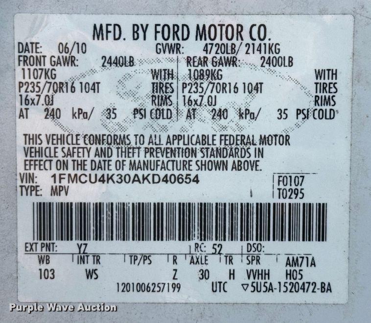 image for item EU0052 2010 Ford Escape Hybrid SUV