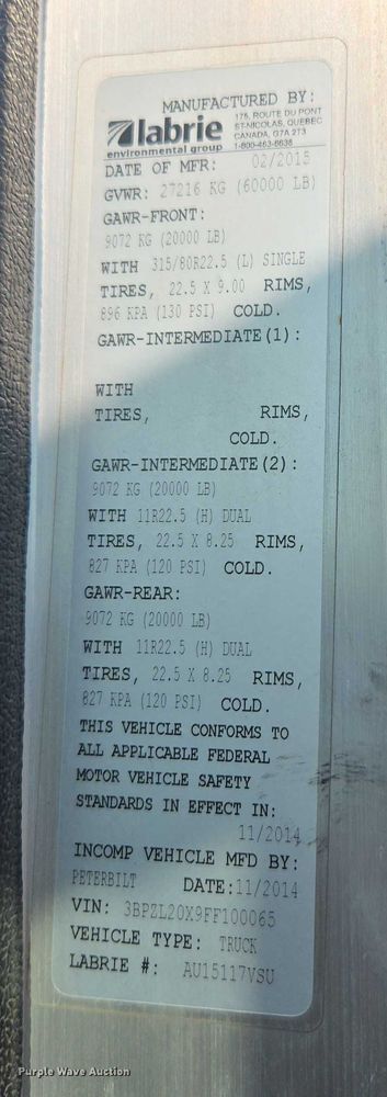 image for item EU4594 2015 Peterbilt 320 refuse truck