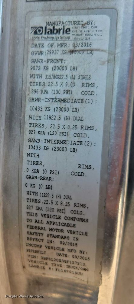 image for item EU4599 2016 Peterbilt 320 refuse truck