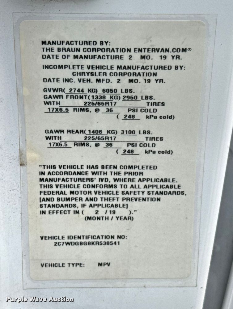 image for item GH9365 2019 Dodge Grand Caravan handicap accessible van