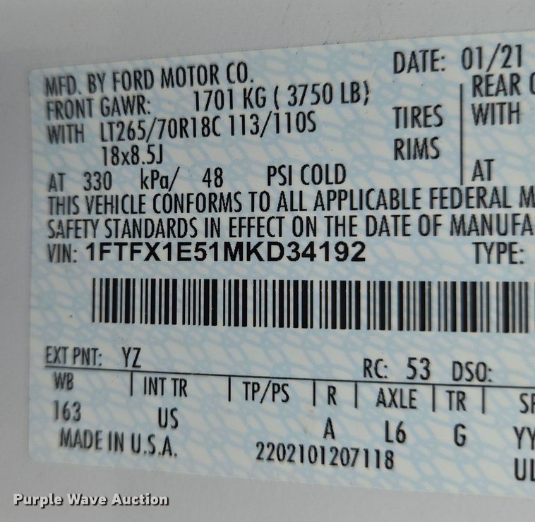 image for item DU6813 2021 Ford F150 SuperCab pickup truck