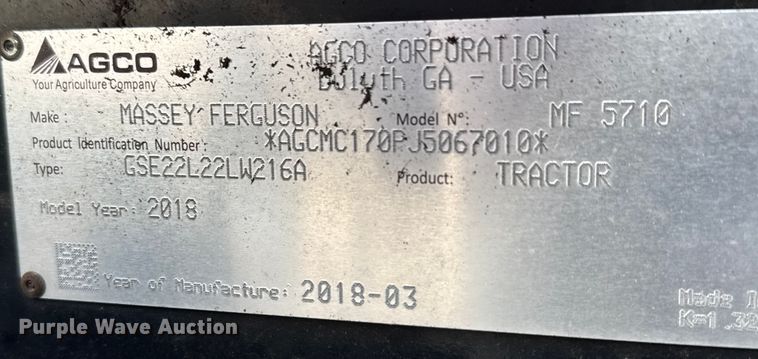 image for item DU6826 2018 Massey Ferguson 5710 MFWD tractor