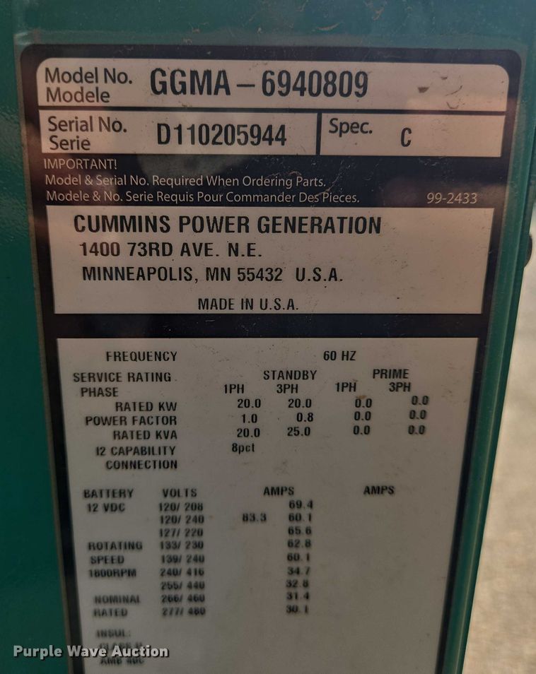 image for item DU6865 Cummins GGMA-6940809 generator