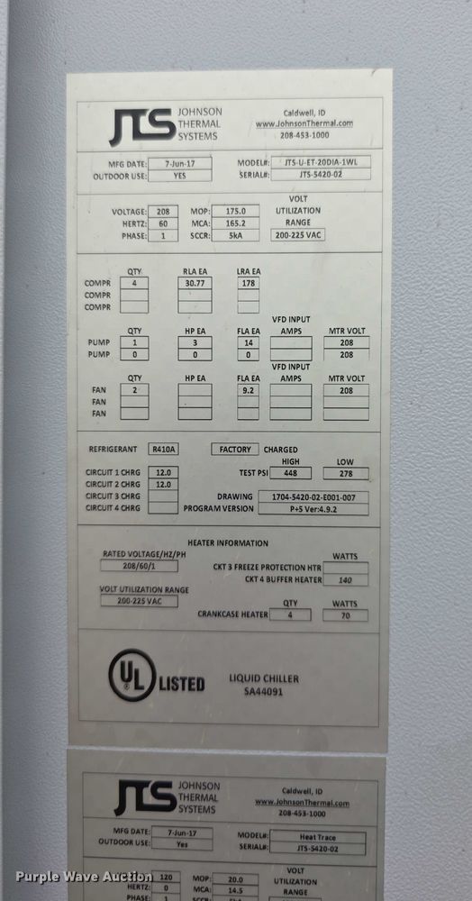 image for item DZ6156 2017 Johnson Thermal  JTSUET20DIA1WL chiller