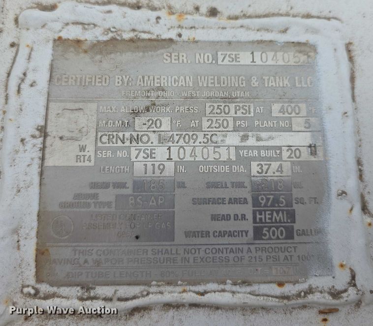 image for item DZ6158 2011 American Welding & Tank propane tank