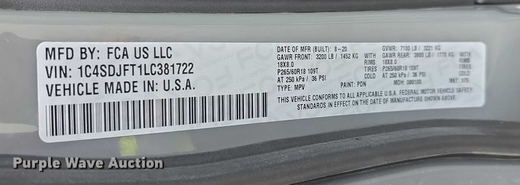 image for item DZ6223 2020 Dodge Durango SSV SUV