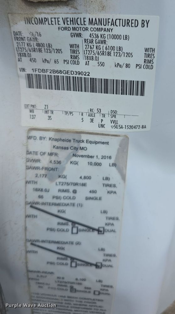 image for item EF3757 2016 Ford F250 Super Duty XLT utility bed pickup truck