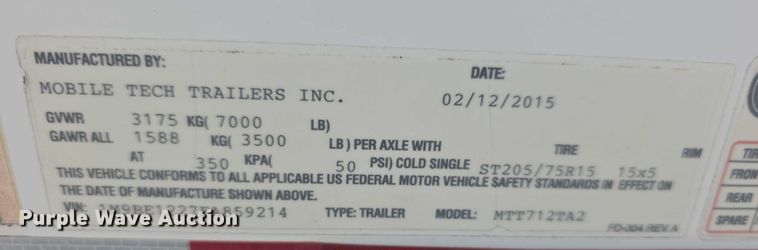 image for item EF3781 2015 Mobile Tech Trailers MTT712TA2 fiber optic splicing trailer