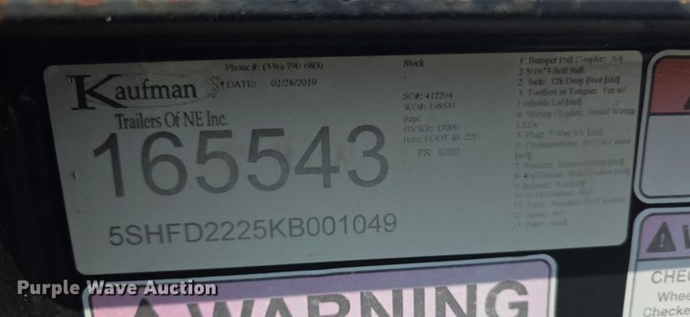 image for item EF3782 2019 Kaufman  FDDT tilt deck equipment trailer