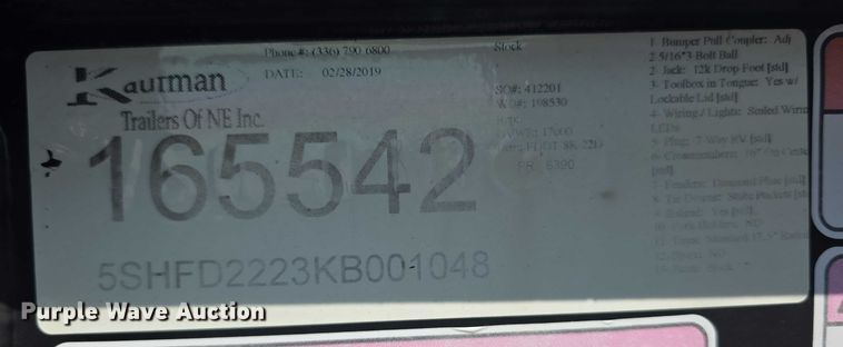 image for item EF3783 2019 Kaufman  FDDT tilt deck equipment trailer