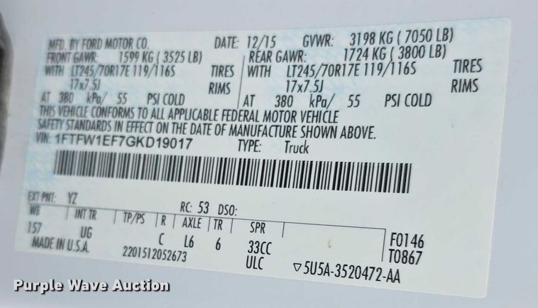 image for item EF3819 2016 Ford F150 XLT SuperCrew pickup truck